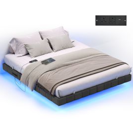 STKYGA King Size Floating Bed Frame with LED Lights - Slate Grey