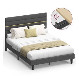 STRAME Double Bed Frame with Upholstered Headboard - Slate Grey