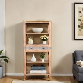 WALTON Acacia Wood 2 Drawers Open Bookcase - Oak Finish