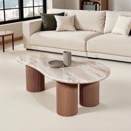 ASHMERE Natural Marble and Wood Pedestal Coffee Table - Oak Finish