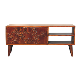 Selene Vintage Media Unit with Delicate Floral Carvings - Chestnut