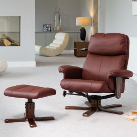 Armchair - ELEVARO Leather Swivel Recliner Chair with Stool Heated Massage - Burgundy