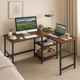 VANTORA Computer Desk L-Shaped Office Desk with USB and Type-C Charging Ports - Rustic Brown
