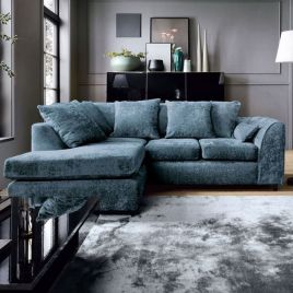 GILLIVER Crushed Chenille Fabric 4 Seater L Shaped - Left Hand Facing Corner Sofa - Dark Blue