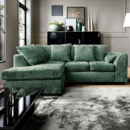 GILLIVER Crushed Chenille Fabric 4 Seater L Shaped - Left Hand Facing Corner Sofa - Rifle Green