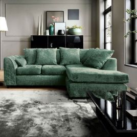 GILLIVER Crushed Chenille Fabric 4 Seater L Shaped - Right Hand Facing Corner Sofa - Rifle Green