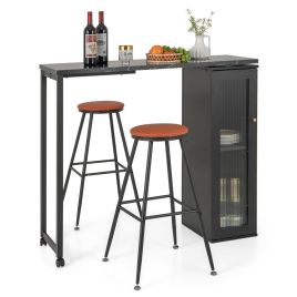 Swivelling Top Bar Table and Chairs Set of 3 with Storage Cabinet-Black