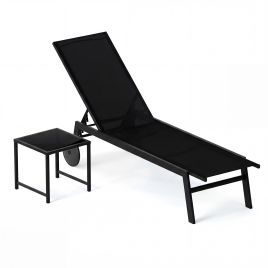 ULOR 2-Piece Patio Chaise Lounge Set with Tempered Glass Table and Wheels-Black