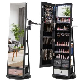 ELBERTH 360° Swivel Lockable Jewelry Armoire Cabinet with Full-Length Mirror-Black