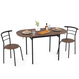 3 Pcs Foldable Dining Table Set Expandable Table with 2 Chairs-Rustic Brown