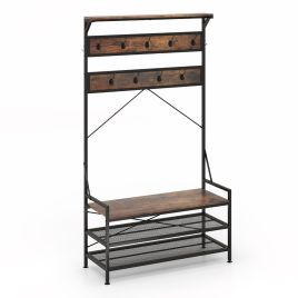 RAVAMY 4-In-1 Coat Rack with 11 Hanging Hooks and Shoe Bench for Mudroom-Rustic Brown