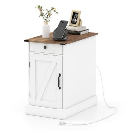 JVARO Bedside Table with Charging Station & Drawer-White