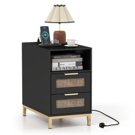 JYNOR Narrow End Table with Charging Station and 2 Drawers for Bedroom-Black