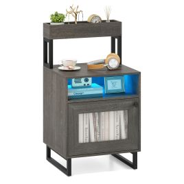 HAVORI Bedside Table with LED Lights Modern End Table with Top Tray-Grey