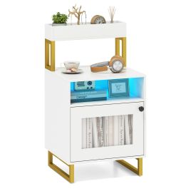 HAVORI Bedside Table with LED Lights Modern End Table with Top Tray-White