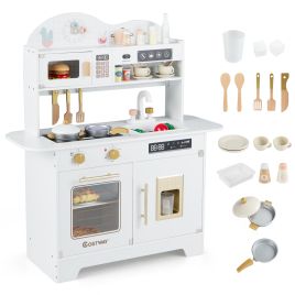 RYNOR Wooden Toddler Play Kitchen with 17 Pieces Accessories-White