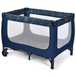 Baby Playpen - 2-in-1 Foldable Baby Playpen with Lockable Wheels and Mattress-Blue