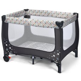 Baby Playpen - 2-in-1 Foldable Baby Playpen with Lockable Wheels and Mattress-Grey