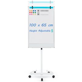 100 cm x 65 cm Height-Adjustable Magnetic Whiteboard on Wheels-White