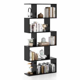 Bookcase - Geometric S-Shaped Bookcase with Anti-Toppling Device for Living Room Home Office-Black
