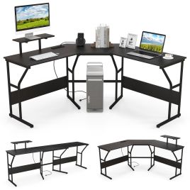 Computer Desk - Lshaped Desk Corner Computer Desk with Movable Monitor Stand Black 148cm