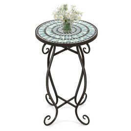 Garden Trellis - Small Plant Stand with Weather Resistant Ceramic Tile Tabletop-Black & Blue