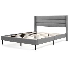VIREL Bed Frame with Wingback Headboard and Wooden Slats Support-Grey-Double Size