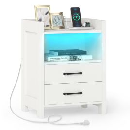 VORIN Bedside Table with LED Lights and Power Outlets for Living Room-White