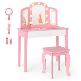 ZOMAYA Kids Vanity Table with Mirror and Lights Princess Makeup Vanity Desk-Pink