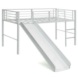 Sliding Loft Children Single Bed with Stairs and Safety Guardrails-White