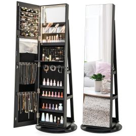 IVZEEL 360-Degree Mirrored Jewelry Armoire with 3-Color Auto-on LED Lights-Black