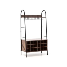 Bakerâ€™s Rack with Detachable Wine Rack and 5 Rows of Stemware Holder-Rustic Brown