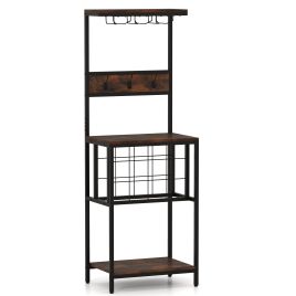 Floor Wine Bar Cabinet with Glass Racks and Wine Bottle Holders-Rustic Brown
