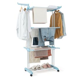 ZERALO 4-Tier Foldable Airer Clothes Drying Rack with Wings and Casters-Blue