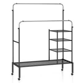 Clothes Rack - Rolling Clothes Drying Rack with 2 Adjustable Hanging Bars-Black Silver