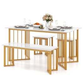 Dining Table Set - 4 Pieces Modern Dinette Dining Table Set with Bench and 2 Stools-White Golden