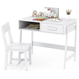 RALO Kids Desk and Chair Set with Drawer and Pine Wood Legs-White