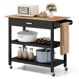 HARTHORNE Kitchen Island with Open Shelves and Lockable Casters-Black