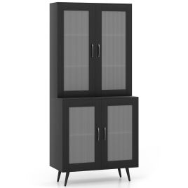 ORUL Kitchen Pantry Cabinet with Transparent Doors and Metal Legs-Black