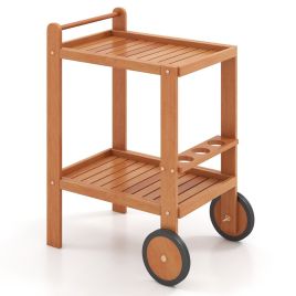 Indoor Outdoor Wood Bar Cart with Wine Bottle Holders and 2 Rubber Wheels