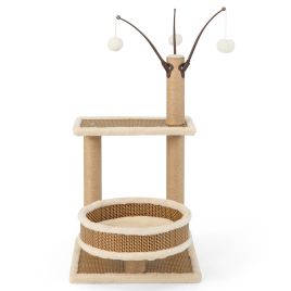 Cat Furniture - Modern Cat Tower with Rattan Mat and 3 Hanging Ball Toys
