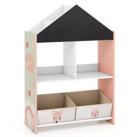Bookcase - Wooden Kids Dollhouse Bookshelf Toy Storage Organizer with Chalkboard-Pink