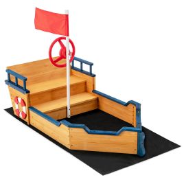 Outdoor Sandbox - Wooden Pirate Sandboat with Bench Seat and Flag