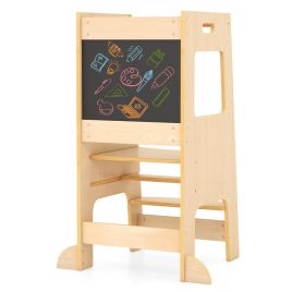 DALVIX Toddler Kitchen Step Stool with Activity Chalkboard and Adjustable Height-Natural