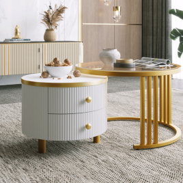 Luxe Living Hawthorn Marbled Stacking Nesting Glass in Double Round Coffee Tables - White