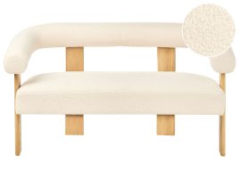 COBDEN Boucle Fabric 2 Seater Sofa - Off White with Light Oak