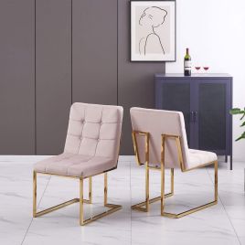 Comet Carter Set of 2 Velvet Fabric Dining Chairs - Beige and Gold