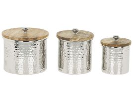 Set of 3 Decorative Containers Silver Aluminium Jars Wooden Lids Storage  