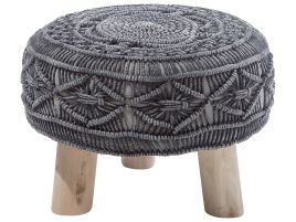 Footstool Graphite Grey Cotton with Wooden Legs Knitted Oriental Pattern Rustic 