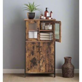 CALIVERN Storage Cabinet Glass Door Unit with Adjustable Shelves - Rustic Brown and Black